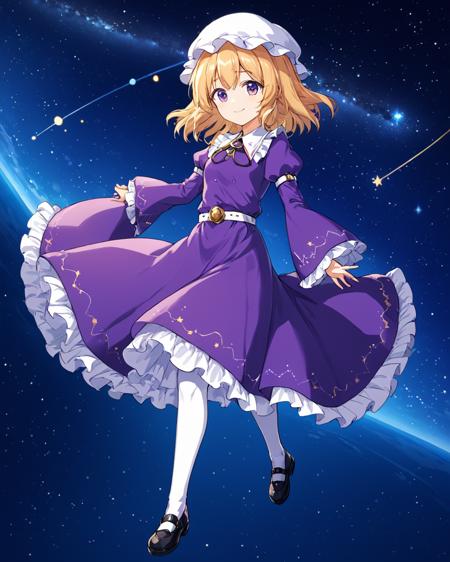 maribel hearn, 1girl, purple_dress, mob_cap, smile, star_\(sky\), space, wide_sleeves, belt, shoes, kneehighs, black_footwear, constellation, planet, frilled_dress, earth_\(planet\), starry_sky, white_headwear, arm_belt, full_body, solo_focus, from_side, juliet_sleeves
<lora:maribel_hearn_image1596_2023-12-20-000014:1>,star-shaped_pupils,symbol-shaped_pupils,. gorgeous,key visual, vibrant, studio anime,award-winning, professional, highly detailed,high budget, cinemascope