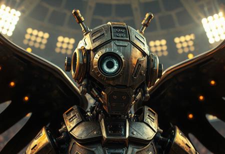"Create a highly detailed, golden ratio composition of a Junk Robot Computerkong, a cyclops with one eye open, in the style of Marvel and DC comics. Set in the Amazoness Arena, with black wings and booster flares, reminiscent of Avengers: Endgame and Cable. Designed for slow motion, aiming for a cinematic screengrab or meme-worthy moment, by artist John Maggs. Trending on Marvel, featured on amiami, in film mode 1744987969.1128602."
