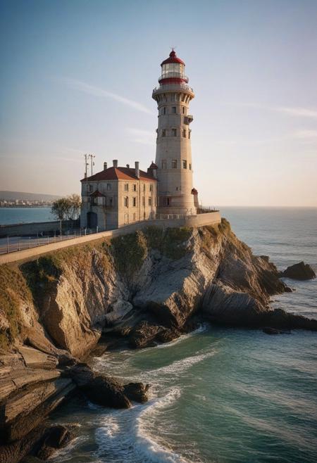 beautifull city, the mystical concrete lighthouse professional photography, natural lighting, volumetric lighting maximalist. intricately detailed, complex, elegant, expansive, fantastical, film photography style, light grain