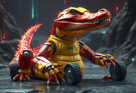 Create a high-resolution, 4K matte painting of a Cyber-Tech Alligator at rest, with a dynamic action pose, against a backdrop of a cybernetic hidden technology landscape. The alligator, predominantly red and yellow, has a red head with a yellow visor, and a body adorned with yellow accents. Its arms, also red, end in yellow hands equipped with black wheels. Despite the complexity of its components, the alligator appears to be in a state of rest, awaiting its next adventure. Utilize vivid colors, sharp lines, and brush strokes, intricate details, and cinematic lighting to emphasize the alligator's lifelike details, detailed face, eyes, and clothes. Handcraft with precision, aiming for exceptional quality, harmonious colors, and a captivating focus. Intend for this artwork to be trending on ArtStationHQ, and optimize for CGSociety and a golden ratio composition. Use Octane Render and Unreal Engine 5 for realistic textures, and Raphael and Houdini styles for aesthetics. The final piece should convey a powerful message with joyful impact.