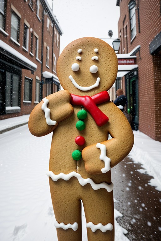Gingerbread_Man, food, cookie, a realistic dancer holding a large gingerbread cookie, background with a street made out of gingerbread,  leather jacket, lipstick, snowy environment