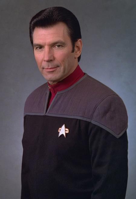 photo of a 38yo ((white man)), black hair, (black and grey ds9st uniform), red collar, long sleeves, medium hair, 
<lora:DS9XLVGRAD3:0.8>