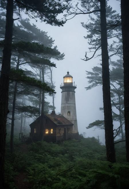 An old, 
partially broken lighthouse in a deep dark forest, 
its light shining through the treetops, 
fog around and a big old ship on the horizon