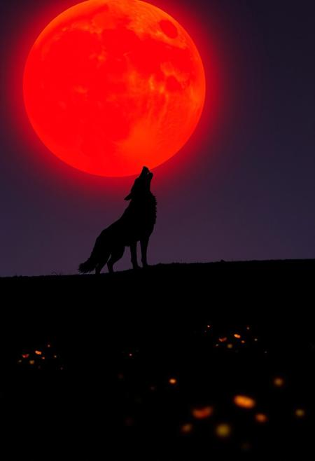 A silhouette of a giant wolf howling in an open plain, a glowing red moon behind him, subtly glowing flowers on the grass