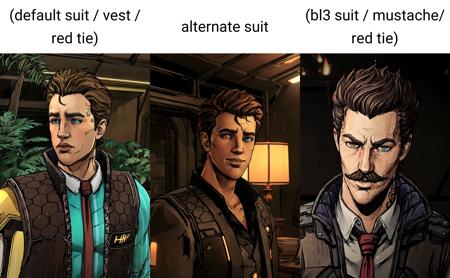 rhystftbl default suit alternate suit bl3 suit vest red tie single mechanical arm temple port heterochromia brown hair