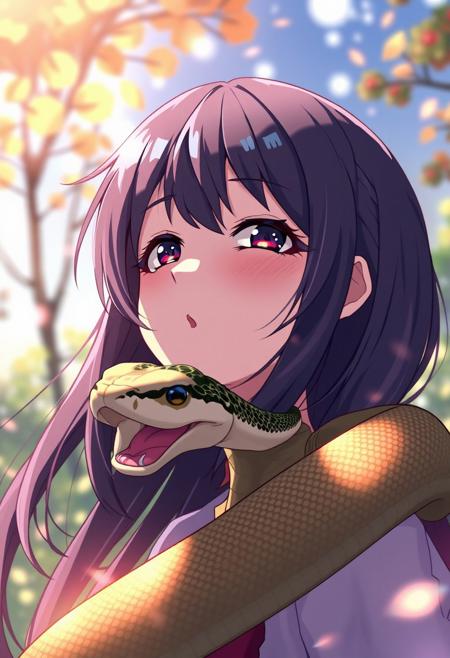 anime illustration of 1girl,solo,looking_up,closed_eyes,makeup,red_lips,eyeshadow,snake,masterpiece,best quality,amazing quality,very aesthetic,high resolution,ultra-detailed,absurdres,newest,scenery,depth of field,volumetric lighting