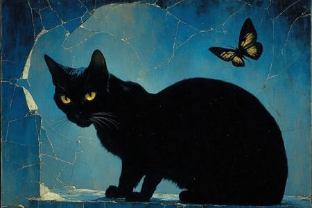 A midnight-hued feline arcs its spine like a storm-swollen wave, dominating a low-angle perspective in a fractured parlor room. Franz Marc’s expressionist tension electrifies the scene: smoldering amber walls bleed into cobalt shadows, while a shattered mirror splinters light into prismatic shards that cling to the cat’s silk-furred flanks. Chiaroscuro carves its pupils into twin supernovas, casting elongated claws that gouge velvet-upholstered chaos. The air hums with static, charged by the creature’s coiled stillness, as a single moth—translucent wings etched with bioluminescent veins—hovers near its twitching ear, caught between predation and reverence.