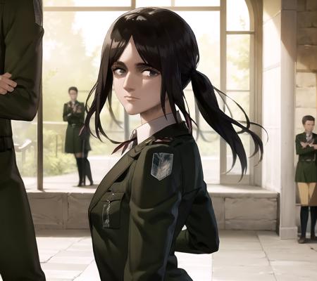 <lora:PieckAOT:1>, looking_at_viewer, jacket, paradis_military_uniform, uniform, emblem, survey_corps_\(emblem\), military, military_uniform, solo_focus, multiple_boys