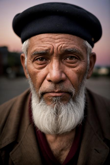 photograph of a old man, beret, white hair, black skin, sadness, facial wrinkles, city, red sky, Porta 160 color, shot on ARRI ALEXA 65, bokeh, sharp focus on subject, (shot by Pieter Hugo:1.5)