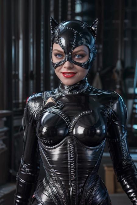 masterpiece, best quality, cinematic, volumetric lighting, very detailed, high resolution, sharp, sharp image, 4k, 8k, 35 mm,
<lora:Catwoman1992_MichellePfeiffer_smf_lora_v1-000005:0.9>, 1girl, c4tw0m4n5p-smf, solo, mask, realistic, makeup, lipstick, smile, looking at viewer, teeth, grin, red lips, latex, portrait, bodysuit, lips, blue eyes
<lora:add_detail:0.4>
