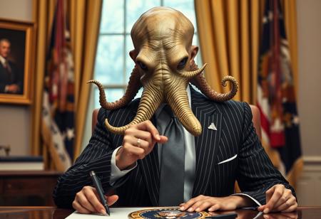 president cthulu in a sharp pin striped suit posing for presidential portrait in the oval office, real photograph, signing bill, empty eyes, lovecraftian, vote for cthulu photorealistic, correct hands, correct fingers, seal of the president of the united states, ad to vote