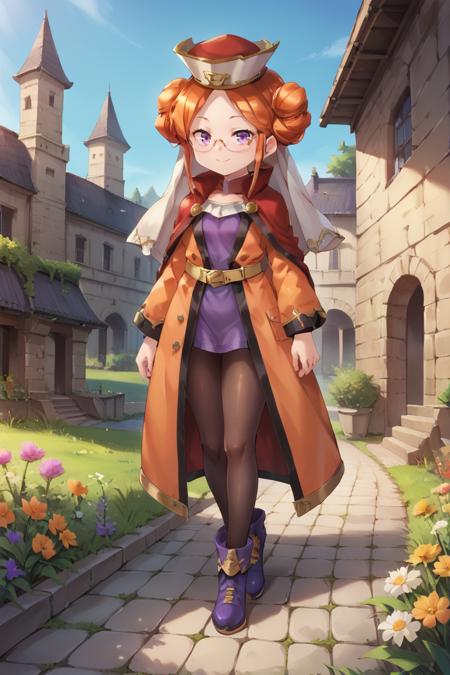 eudef, 1girl, purple eyes, orange hair, double bun, doughnut hair bun, (pince-nez glasses), red cape, hat, veil, black leggings, orange coat, shirt under coat, purple shirt, yellow belt, purple shoes,