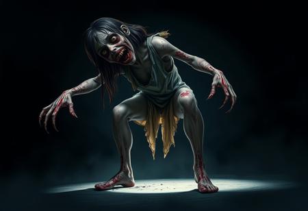 A full-body character portrait viewed from the knees up, set against a dark, shadowy background with ample negative space around the figure, illuminated by a faint, eerie backlight.
The subject is a zombie girl depicted in a slightly exaggerated and hyperbolized style. Her tattered, bloodstained clothes cling loosely to her decayed frame, while her bare feet press into the ground with unsettling realism. Her grotesquely twisted posture reveals a deeply contorted spine, creating a hunched, predatory stance.
One arm stretches forward unnaturally, claw-like fingers reaching out as if grasping for something unseen, while the other dangles stiffly at her side, motionless and lifeless. Her legs are bent inward, crouching low in a menacingly spring-loaded pose. Her head tilts unnaturally to one side, mouth gaping in a jagged, predatory snarl, revealing crumbling, rotting teeth.
Her expression is a chilling blend of confusion and mild aggression, her vacant, milky eyes staring out into the void. The gritty and raw atmosphere heightens the sense of impending danger, the dim backlight casting sharp shadows that emphasize the grotesque details of her decayed form.