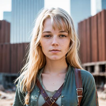 bridgetfonda a close up portrait photo of 26 y.o woman in wastelander clothes, long haircut, pale skin, slim body, background is city ruins, (high detailed skin:1.2), 8k uhd, dslr, soft lighting, high quality, film grain, Fujifilm XT3