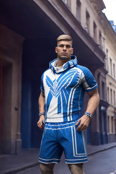 cinematic film still, 1man, upper body, skinhead, rifle, wristband, shorts, soccer ball, jacket, profile, undercut, blue shorts,  <lora:Luqueta_Free_Fire:0.8>, daylight,  Albert Street in Riga
, shallow depth of field, vignette, highly detailed, high budget,  cinemascope, moody, epic, gorgeous