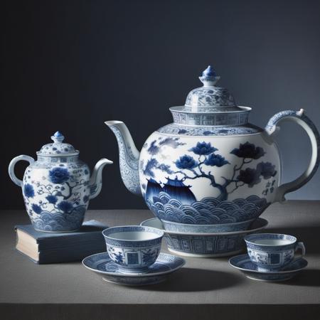 blue and white porcelain,(bowl:1.2),(teapot:1.2),<lora:20231026-1698317787466:0.9>,