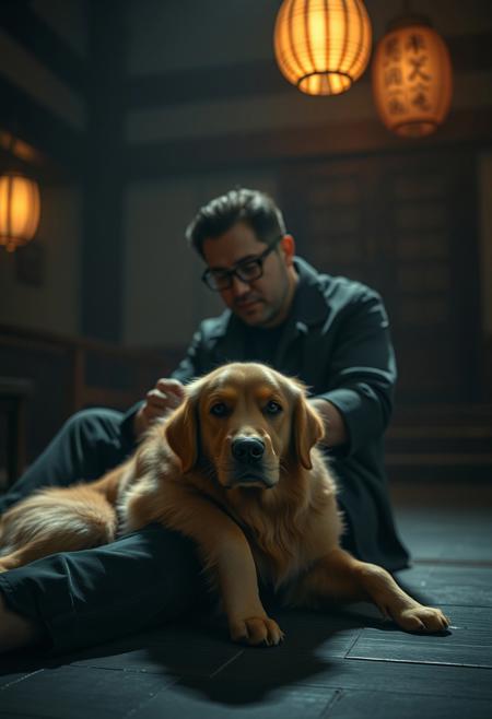 ultra-detailed and hyper-realistic, realistic, a cute golden retriever lies on the legs of a sitting man. being petted. Scene set inside a dimly lit, moody Japanese temple interior. Dark romantic ambiance with soft backlighting and rich shadows. Lighting: soft, directional light with warm cinematic tone grading, gentle contrast enhancement. shallow depth of field, balancing