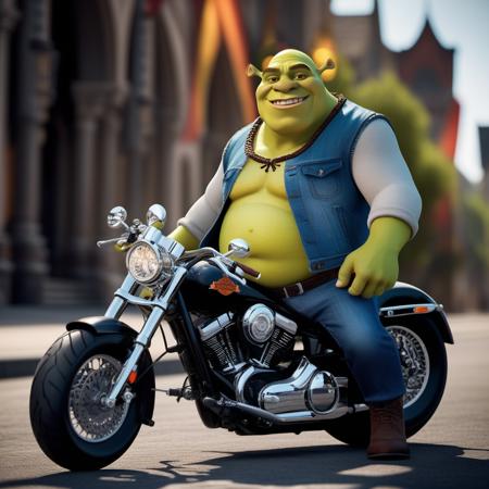 Shrek1024, wears +++sunglasses and jeans jacket and pants, ride an harley davidson motorcycle, smile, tattoos, detailed eyes, highly detailed, photography, ultra sharp, film, bokeh, professional, 4k   <lora:Shrek1024:0.3> <lora:add-detail-xl:1>