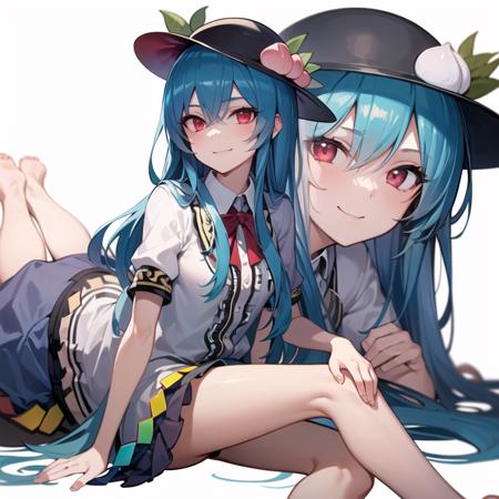 2d, 1girl, masterpiece, best quality, anime, highly detailed eyes, highly detailed face,  (hinanawi tenshi) ,  smile ,red eyes ,colored sclera,slim legs,barefoot,crossed legs,looking_at_viewer, simple background, white background