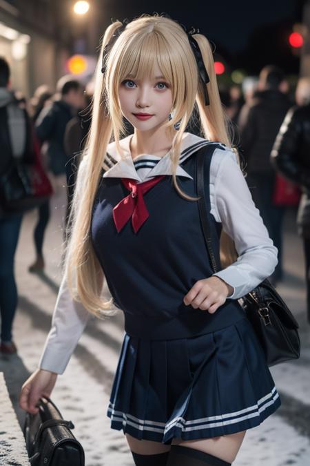 ultra-detailed,highly detailed,best quality,masterpiece,illustration,realistic,
eriri, 1girl, solo, cosplay, sawamura spencer eriri, 
blonde hair, twintails,long hair, bangs,   blue eyes, 
sweater vest, school uniform, serafuku,sailor collar,shirt, vest, long sleeves,  hair ribbon, pleated skirt, blue skirt, neckerchief,  
standing,looking at viewer,  cowboy shot, 
blurry background, outdoors, night, photo inset, photo background,depth of field, reference inset,winter, snowing, christmas, 
 <lora:eriri_v4_03:0.7>