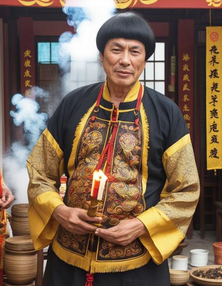 A young oracle, known as a "Ji Tong" in Taiwanese folk religion, is captured in a moment of trance-like intensity. Dressed in vibrant, traditional garments adorned with intricate embroidery and talismans, the Ji Tong is in the midst of a ritual. The setting is a bustling Taiwanese temple, filled with the smoke of incense and the fervent energy of devotees. The Ji Tong holds ritualistic tools in hand, perhaps a pair of crescent-shaped wooden blocks or a spiritual sword. The lighting is dramatic, casting shadows that accentuate the oracle's focused expression and the intricate details of the garments. The atmosphere is thick with the scent of incense and the murmurs of prayers, adding a layer of sensory depth to the image. Medium: Digital Photography. Style: Photojournalistic with a focus on cultural authenticity. Lighting: Natural temple lighting supplemented with soft, directional light to highlight the Ji Tong. Colors: Rich and vibrant to capture the essence of the ritual garments and temple decorations. Composition: A close-up shot that captures the Ji Tong and the immediate surroundings, with a blurred background to focus attention on the subject. Use photo hyper-realism, highly detailed, and high-resolution,<lora:DBroLight:0.65>,<lora:dangi:0.45>