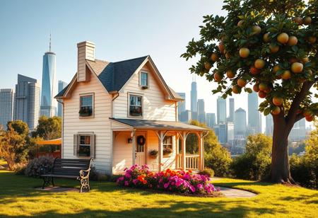 A whimsical little house with rounded corners, painted in creamy colors, featuring two stories, several windows, and a porch. In front of the house, there is a bench and a flowerbed filled with vibrant blooms, alongside a large apple tree. In the background, a modern city skyline is visible, all bathed in warm sunlight, creating a realistic and enchanting scene