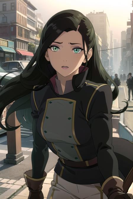 asami, long hair, (green eyes:1.5), (black hair:1.5), hair ornament, dress, sleeveless, makeup, chinese clothes, lipstick, gloves, long sleeves, jacket, pants, uniform, military, military uniform, makeup, lipstick,