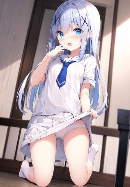 1girl, solo, kafuu chino, skirt, long hair, blue eyes, socks, white socks, panties, clothes lift, underwear, very long hair, white skirt, skirt lift, bangs, hair between eyes, blush, lifted by self, short sleeves, x hair ornament, hair ornament, white shirt, white panties, blue hair, shirt, white background, kneeling, school uniform, no shoes, blue necktie, hand up, blurry, blurry background, necktie, hand to own mouth, looking at viewer, open mouth, depth of field, white sailor collar, sailor collar, simple background

<lora:fearii-loha-v1.1:0.8>, (masterpiece,best quality)