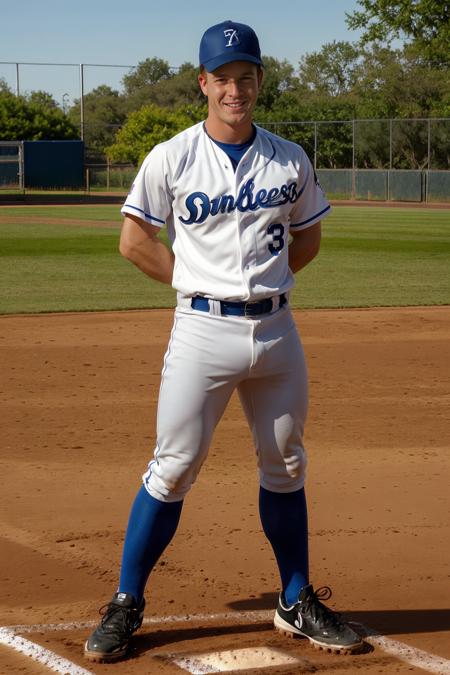 outdoors, ((baseball field)), standing next to dugout, BluKennedy, baseballplayer, baseball uniform, blue jersey, white pants, blue socks, sneakers, baseball cap, smiling, masterpiece, (((full body portrait))), full body shot, wide angle   <lora:BluKennedy-000008:0.75>  <lora:Clothing - Sexy Baseball Player:0.7>