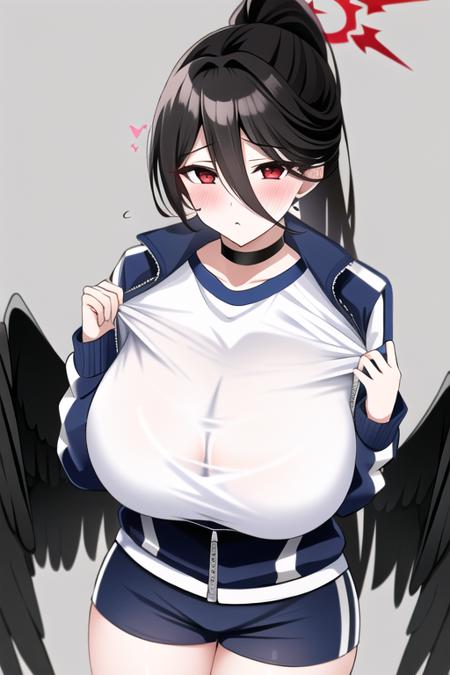 <lora:hasumi:0.7> hasumi(blue archive), gym cloth, gym shorts, 1girl, breasts, solo,red eyes, wings, halo, long hair, gym uniform, black hair, shorts, huge breasts, black wings, jacket, choker, ponytail, hair between eyes, blush, looking at viewer, shirt, mole, white shirt, track jacket, mole under eye, low wings, feathered wings,  simple background, bangs, partially unzipped,  cleavage, thighs, long sleeves