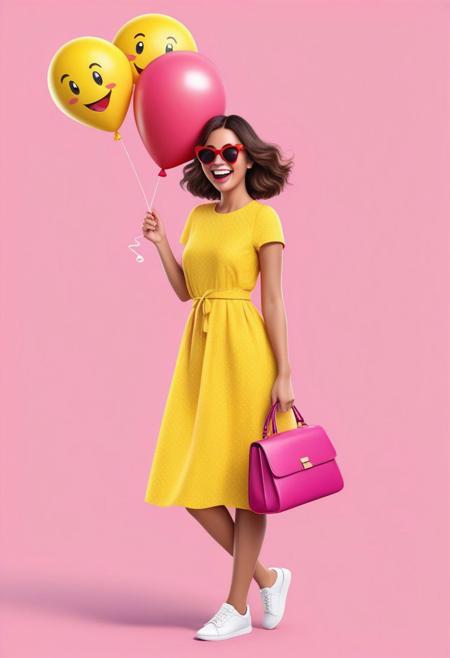 fcNeg, Design a playful and colorful digital illustration featuring a fashionable and confident woman wearing a vibrant yellow dress and carrying a pink bag and a smiley face balloon. The woman should have a round and jiggly belly, adding a touch of charm and playfulness to her appearance.
The illustration should focus on the woman's expressive face and bubbly personality, showcasing a range of emoji expressions such as smiles, winks, and tongue-out grins. Incorporate additional emojis like heart-eyes, sunglasses, and fashionable accessories to convey the woman's stylish and upbeat nature.
The overall design should evoke a sense of fun and joy, celebrating the light-hearted and carefree spirit of the Emoji Queen. The illustration should invite viewers to embrace their own sense of playfulness and express themselves freely through the use of emojis and vibrant fashion.