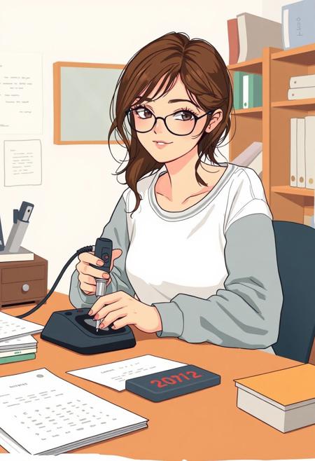 a 25yo girl using a soldering iron at a desk, student bedroom, strong minded, studious, geek, beautiful simple drawing, flat drawing, 2D, warm color palette, matte colors, natural lighting, realistic face