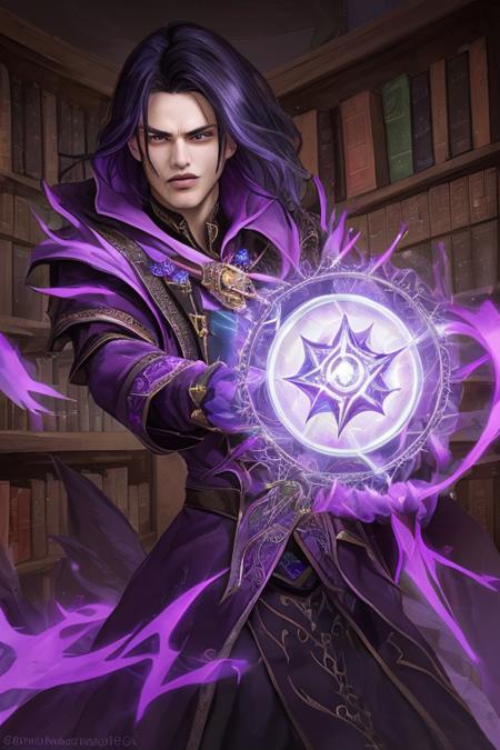 fierce 1guy warlock casts a spell, vibrant, vivid and colorful, in library, headshot