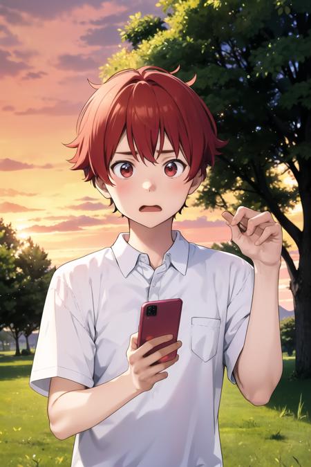 <lora:noyrv4:0.7> male focus, male only, park, grass, outside, holding phone, texting, white shirt, red overshirt, red hair, looing at viewer, surprised, sunset