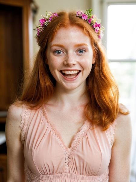 a photo of a ginger haired woman, (excited:1.1), happy, wearing a cute pink dress, flower in her hair, indoors, (closeup:0.9), intricate details