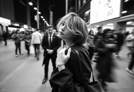 A cinematic black-and-white photograph capturing a suspenseful urban scene. In the extreme foreground, a young woman with short hair is mid-motion, twisting her upper body and head back as if someone just softly called her name. Her face is very close to the camera, only partially visible and motion-blurred, with loose strands of hair crossing her features. She clutches her bag tightly, her posture tense and cautious. In the distant background, the only sharply focused figure is a man in a dark suit, standing completely still amid a fast-moving, blurred crowd. The contrast between the woman’s blurred movement and the man’s still clarity evokes a mood of isolation, suspense, and a fleeting, unspoken connection. Long exposure, shallow depth of field, high contrast black-and-white, emotional and atmospheric.