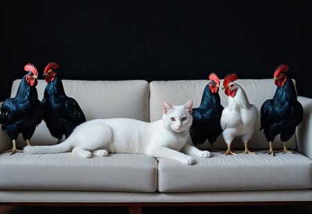 A portrait of a white cat on a couch, surrounded by 6 big black roosters, sfw, artistic, masterpiece, awarded photo from le magazine