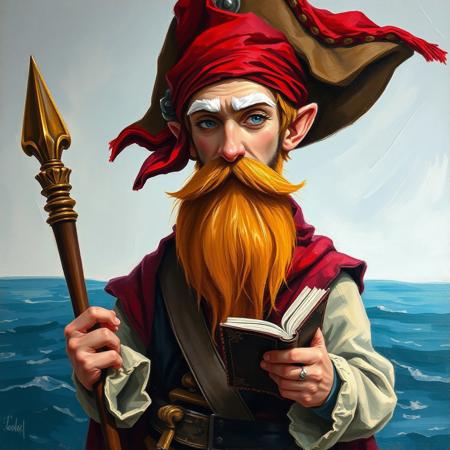 Oil painting rendered in a loose, impressionistic style with thick, expressive brush strokes. Full body portrait of a young pirate wizard. His outfit is a mish mash of wizard-like scholastic and pirate clothes. He wears a red bandana and has a long ginger beard. He has big white eyebrows. He holds a book and a wizard's staff. The background shows sea and a horizon.