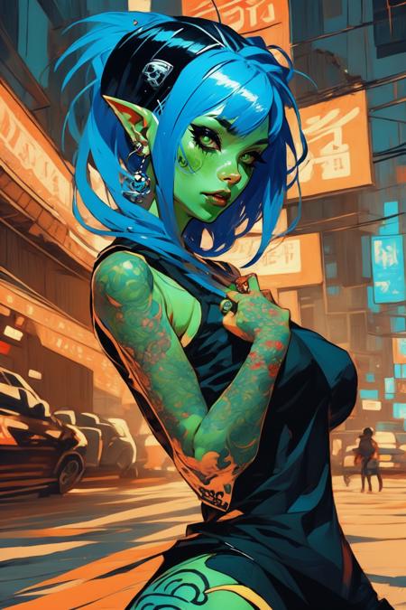 <lora:detail_slider_v4:1> 1girl,  v1x0nstyl3 <lora:v1x0nstyl3:1> goblin, green skin, tattoos