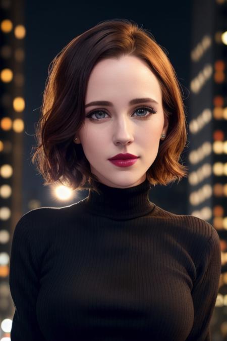 photo of rachelbro:0.99, a woman with ((short hair)),((pale skin, black hair)), ((cowboy shot, waist, hips, thighs):1.2), ((turtleneck sweater dress):1.2),((walking,outdoors, city street, at night):1.2),((detailed face, beautiful face, detailed eyes, beautiful eyes):1.3), ((lipstick, eyeliner, eye shadow):1.2),((best quality, masterpiece, extreme details):1.2) ((detailed eyes, detailed face):1.2)