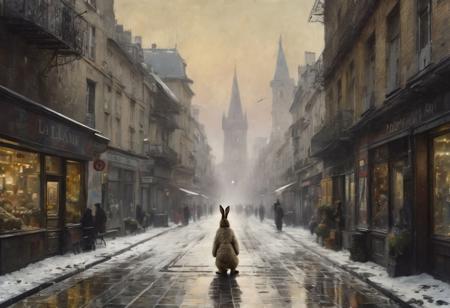 by Eugene Galien-Laloue, photograph, Divine Rabbit, Wide view, surreal and experimental, asymmetrical, photorealism, imposing, striking, professional creative, positive emotional, very, dynamic dramatic atmosphere, cool colors, beautiful