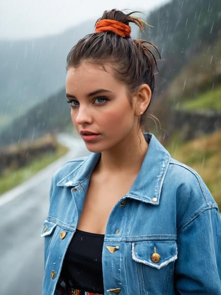 (Fashion Photography, Award Winning), photograph, RAW photo, (rule of thirds), (Hilltop), ((wearing Denim Jacket and Dress)) ((Top Knot hair)), perfect teeth, by Steve McCurry, 35mm, F/2.8, ((Photo Focus, DOF, Aperture, insanely detailed and intricate, hypermaximalist, beautiful, revealing, appealing, attractive, hyper realistic, super detailed))(DOF, blurry background), Demonstrating Elegance, Rainy Day, <lora:barbara_lora_sdxl_v1:0.8> ohwx, ohwx woman