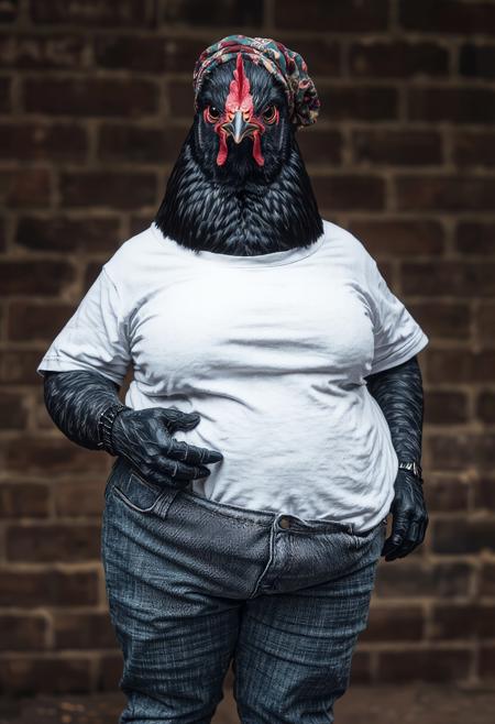 Anthropomorphic, cinematic setting, fashion shoot. A high-quality realistic three-quarter view photo of an anthropomorphic plump black hen dressed in a white, crewneck t-shirt, untucked over 50s-style workwear jeans and a colourful 40s-style headscarf. It poses facing the viewer in front of a brick wall. Hips to head visible.