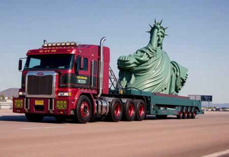 A heavy bonnet truck Marmon transports a reduced copy of the Statue of Liberty along a highway in the Mexican desert on a trailed special platform.