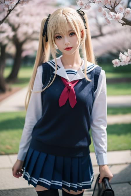 ultra-detailed,highly detailed,best quality,masterpiece,illustration,realistic,
eriri, 1girl, solo, cosplay, 
blonde hair, twintails,long hair, bangs,   blue eyes, 
sweater vest, school uniform, serafuku,sailor collar,shirt, vest, long sleeves,  hair ribbon, pleated skirt, blue skirt, neckerchief,  
standing,looking at viewer,  cowboy shot, 
blurry background, outdoors, day, photo inset, photo background,depth of field, reference inset,spring, cherry blossoms, 
 <lora:eriri_v4_03:0.7>