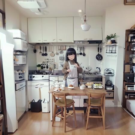 best quality, ultra-detailed, illustration,
JPkitchen, scenery, table, chair, sink, kitchen, plant, indoors, window, refrigerator, frying pan, bottle, shelf, spatula, door, basket, plate, cup, stool, wooden floor, curtains,
1girl, glasses, black hair, long hair, white sweater, denim, jeans, apron,  happy, smile, closed eyes, looking at viewer, 
 <lora:JAPAN_kitchen_SD15_V1:1>