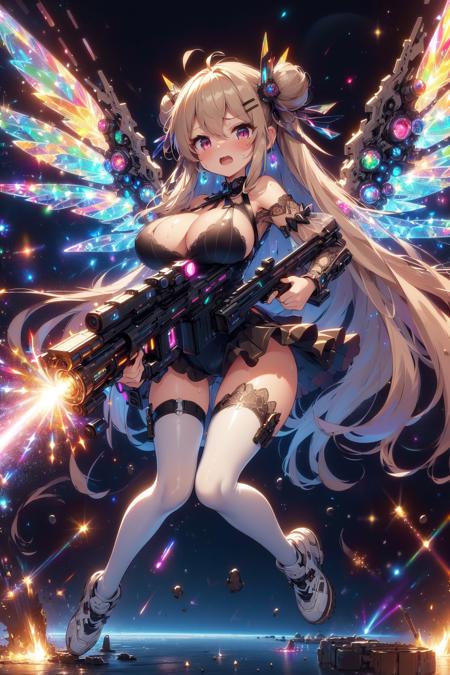 dual wielding twin buster rifle magnum sniper rifle huge beam impact firing glowing power electricity mechanical wings tight suit skirt leggings flying space earth \(planet\)