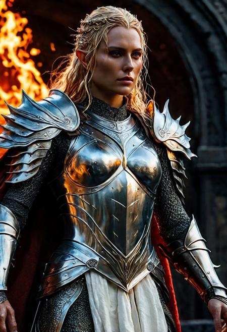 High resolution ultra-realistic of Beautiful sinister Sauron, 8k, capturing the intensity of the moment, cinematic lighting, standing on a bloody and turbulent battlefield in a bloody battle, wavy blonde hair, realistic dirty pale face, realistic red eyes, burning in a fantasy Town, intricately designed white cloth robe, Lord of the Rings Aesthetic, perfect athletic male figure, beautiful Sauron, ultra realistic, cinematic style, vigorous and seductive male. athletic male figure, dark fantasy style, dramatic lighting, wet and sweaty skin, dirty skin, athletic figure, dark fantasy, dramatic lighting, Greg Rutkowski style, Sauron on in armor, hyper-detailed, hyper-realistic, natural light, extremely intricate details, masterpiece, epic, bright colours, Attractive 25 old years men, Attractive, sharp focus, digital painting, Photograph Taken on Nikon D750, Alphonse Mucha, 8K, athletic figure, Hyperdetailed, hyperrealism, Attractive, Attractive bust girl, asymmetric balance