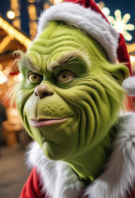 Highly detailed photo of the Grinch at a christmas market, happy mood of christmas and holy night spreads all over the galaxy, greatful, thankful, peaceful, in the mood of christmas, 4k