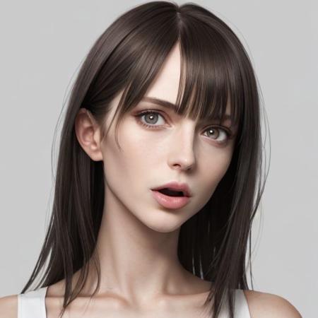 ASCIIHyper realism, hyper realistic, fine detail, pro render, Portrait, mouth open wide pose angle:
? kaytest2 ? Female, German, adult, tall, skinny, petite. Head, oblong. Face, oblong. Nose, small, dainty. (Hair, long, (bangs), layered.) Ears, small, flat, square. Eyes , deep set. Mouth, wide, overbite.